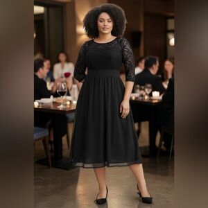 NWT: size 18/20 with 3/4 sleeve Elegant Black Lace Midi Dress